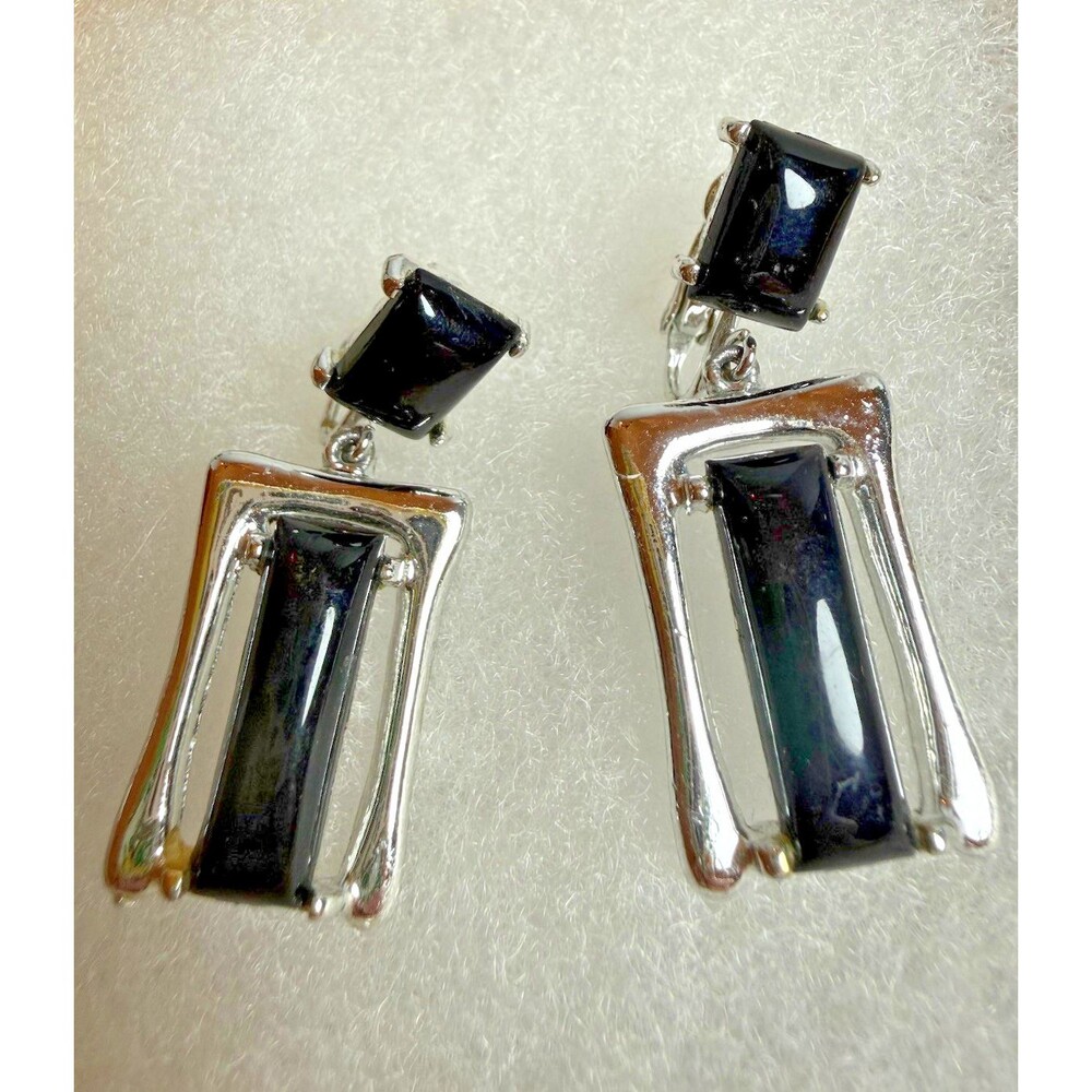 Vintage Celebrity Retro Black Lucite Geometric Open Frame Dangle Earrings 1960s